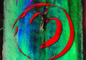 Album cover for Opium Moon featuring a vividly colored abstract painting with a prominent red swirl on a textured green background, representing the band's instrumental music style.