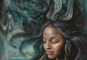 A painting of a woman with closed eyes, her head surrounded by a swirl of ethereal greenish-blue tentacles and sea creatures, evoking a dreamlike underwater scene in the style of Women of