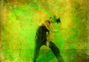 Silhouette of a dancer in a dynamic pose, overlayed with a textured green and yellow abstract background and a circular graphic.