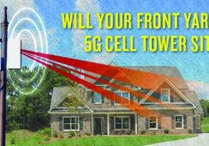 Illustration depicting a suburban house with a lamp post nearby, overlaid with text asking if the yard could be a 5G cell tower site and arrows pointing towards the house, highlighting potential health concerns