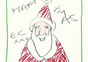 Child's drawing of Santa Claus with "happy Christmas" written at the top, bordered by a green frame.