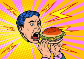 Pop art style illustration of a man with blue hair, wide-eyed and holding an Impossible Burger, against a yellow and orange burst background.