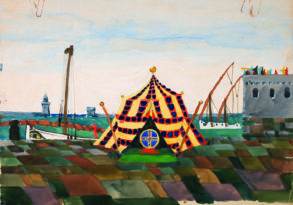 A colorful painting of a circus tent with a pattern of diamonds, flanked by a roller coaster and a castle, set against a patchwork landscape and a blue sky, embodies the essence of creativity as