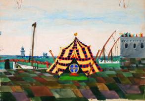 A colorful painting of a circus tent with a pattern of diamonds, flanked by a roller coaster and a castle, set against a patchwork landscape and a blue sky, embodies the essence of creativity as