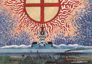 Surreal painting depicting a figure in white robes hanging from a cross amid fiery patterns, overlooking an industrial landscape, influenced by Jungian psychology.