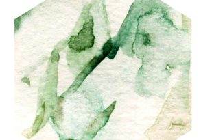 Watercolor painting of abstract departure shapes in green on a hexagonal, textured paper.