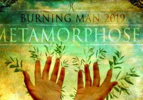 Art Preview for Burning Man 2019, titled "Metamorphoses," featuring two hands and botanical illustrations on an ornate, textured background.