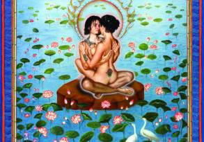 A colorful painting depicting a couple embracing amidst lotus flowers on water, framed by a fiery halo, stars, and a swan, in a traditional Indian art style.