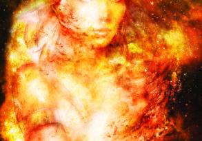A vibrant artwork blending a woman's face with a fiery, cosmic texture, displaying the alchemy of art through an illusion of her emerging from a starburst.