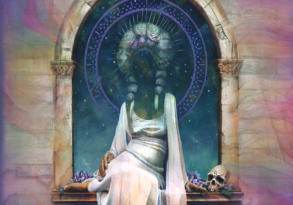 Album cover of "When We Return" by Simrit depicts a mystical figure with multiple arms seated within a celestial stone arch, surrounded by *ethereal* blue and purple hues.