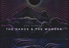 Graphic illustration of an album cover titled "the dance performance & the wonder" by Sam Garrett, featuring stylized mountains, waves, clouds, and a radiant sun in a dark purple color scheme.