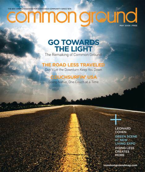 Cover of "Common Ground" magazine, May 2009 issue, featuring a deserted road with vibrant sunset light casting long shadows and the headline "Go Towards the Light.