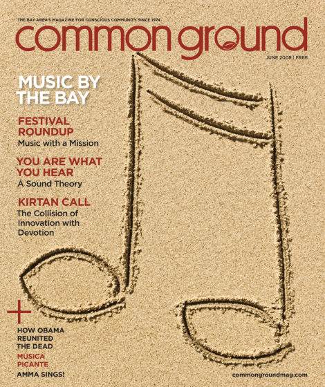 Magazine cover of "common ground" for June 2009 with a music festival theme, featuring a sand drawing of a musical note and list of articles about music.