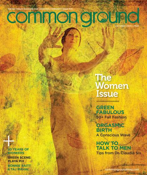 Cover of Common Ground magazine, October 2009 issue, featuring a woman with arms raised against a vibrant yellow background, titled "The Women Issue.