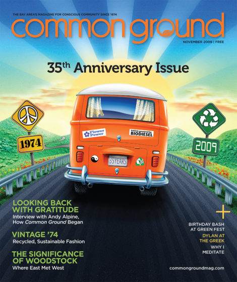 Cover of "common ground" magazine featuring a retro orange van with "35 years" on the license plate, celebrating its November 2009 anniversary issue with eco-friendly themes.