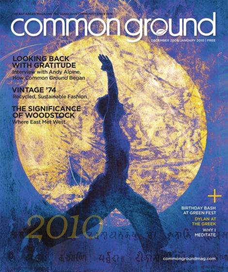 Magazine cover for "common ground," December 2009 issue, featuring an artistic silhouette of a person against a golden moon background, with text about various articles and features.