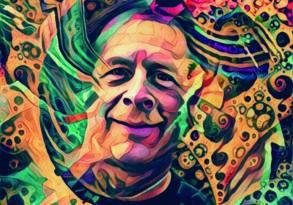 A colorful, stylized digital painting inspired by psychedelics research, featuring a smiling person with swirling patterns and vibrant hues surrounding them.