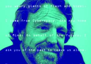 Close-up portrait of an older man with a beard, overlaid with blue and green hues and text about cyberspace and industrial world governments, depicting him as a Saint of Circumstance.