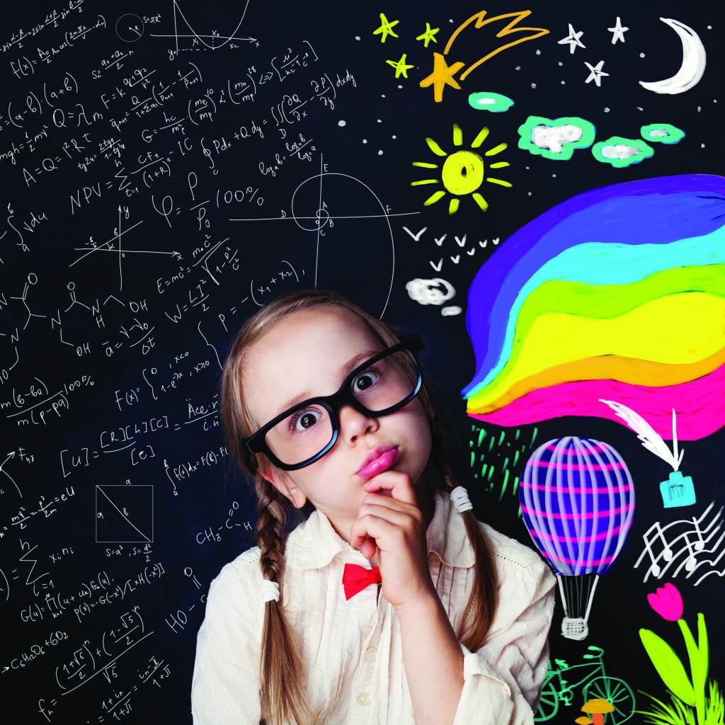 Creativity education and child ideas concept. Thinking schoolgirl on blackboard background with chalk math and colorful art pattern