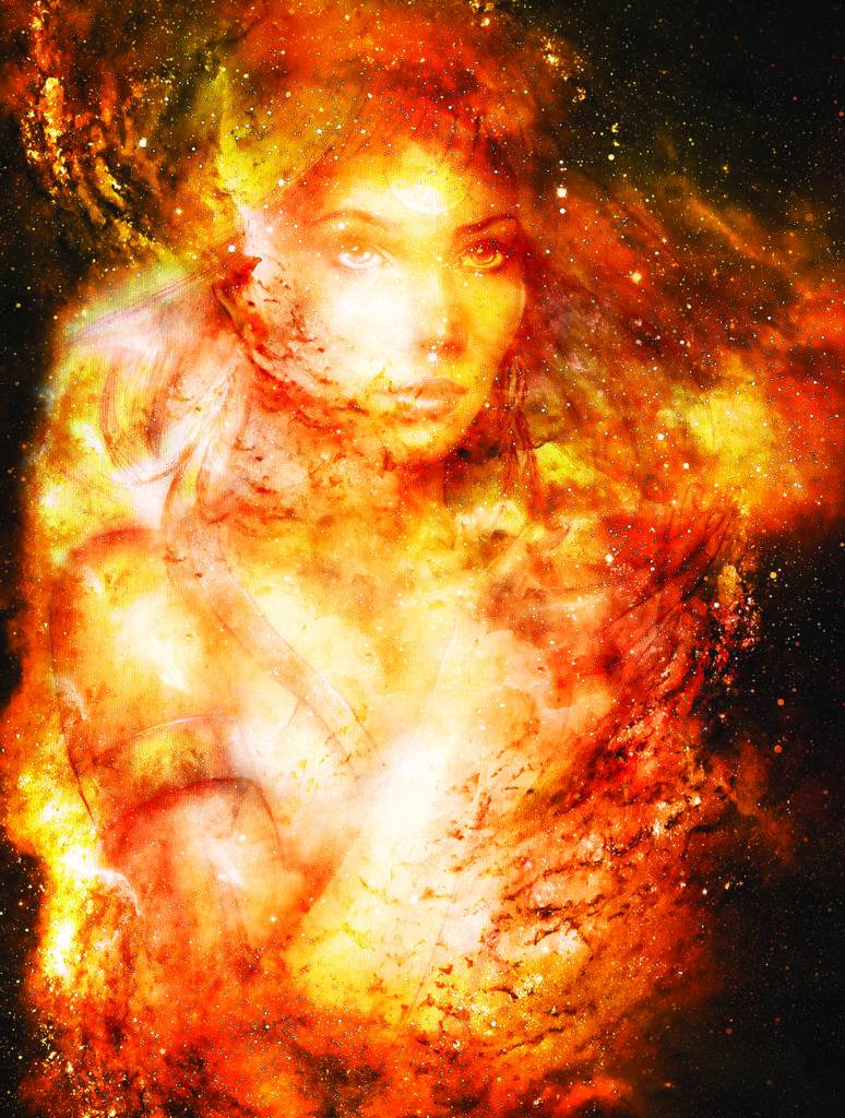 Goddess Woman in Cosmic space. Cosmic Space background. eye contact. Fire effect