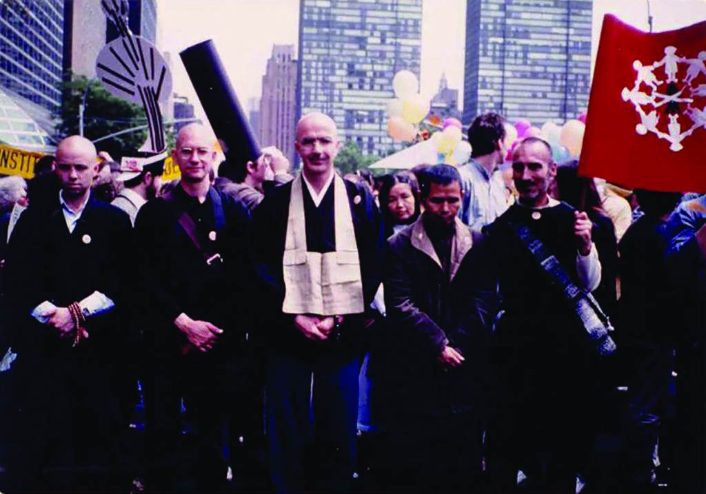 Steindl-Rast (far right)marching for peace with Thich Nhat Hanh (second from right) in 1982
