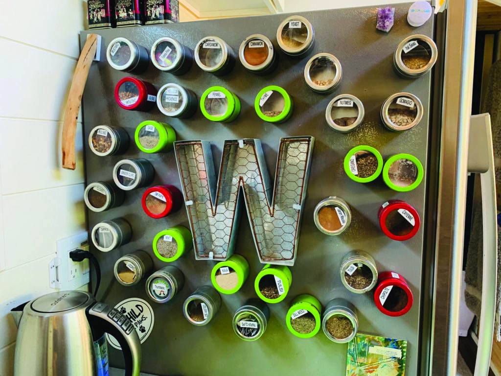 Wood Tiny Home spices on fridge