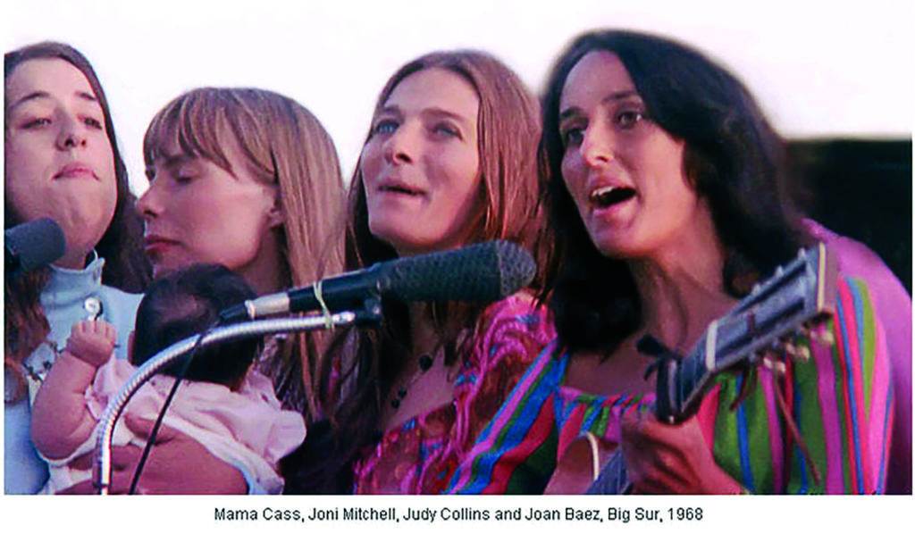 (L. to r.) Mama Cass, Joni Mitchell, Judy Collins, and Joan Baez